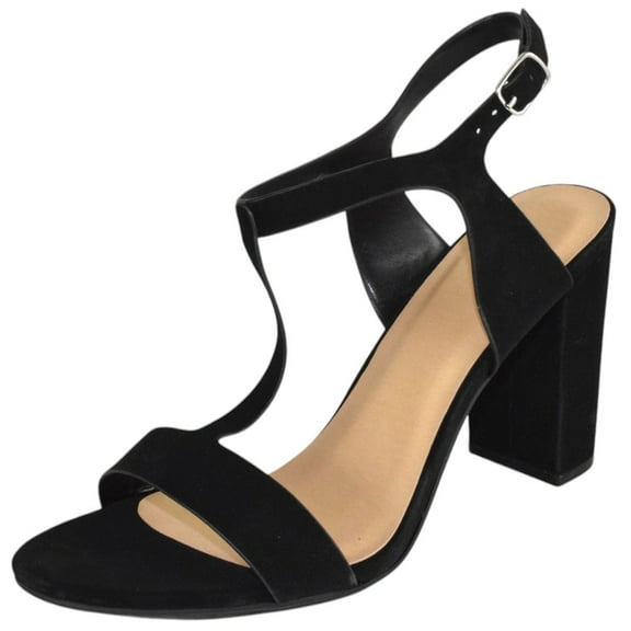 Delicious Shoes Women Ankle Strap Block High Heel Sandals Open Peep Toe T-Strap REGENT-S Black Nubuck Suede 9
