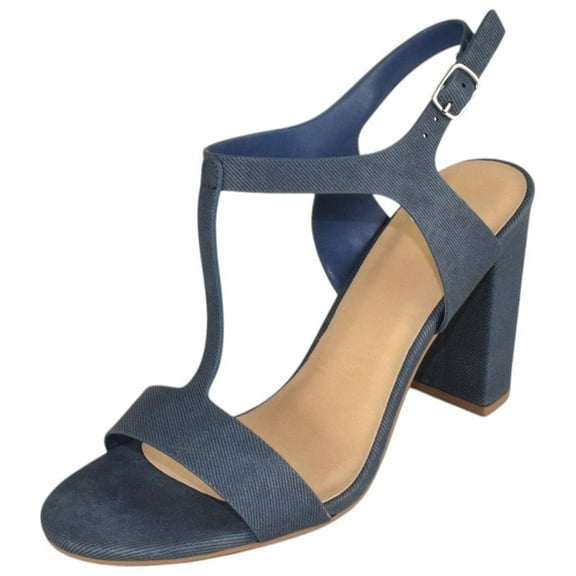 Delicious Shoes Women Ankle Strap Block High Heel Sandals Open Peep Toe T-Strap REGENT-S Blue Denim 9