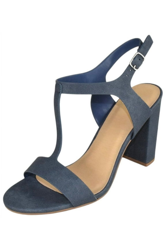 Delicious Shoes Women Ankle Strap Block High Heel Sandals Open Peep Toe T-Strap REGENT-S Blue Denim 9