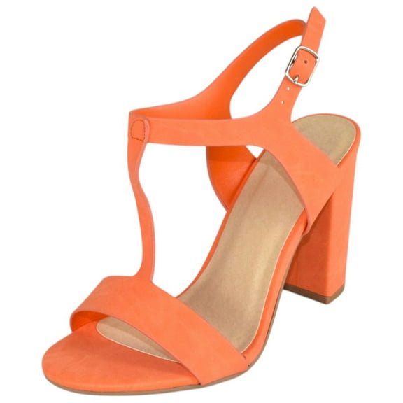 Delicious Shoes Women Ankle Strap Block High Heel Sandals Open Peep Toe T-Strap REGENT-S Orange 5.5