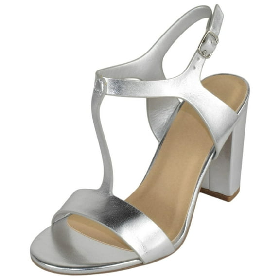 Delicious Shoes Women Ankle Strap Block High Heel Sandals Open Peep Toe T-Strap REGENT-S Silver Metallic 9
