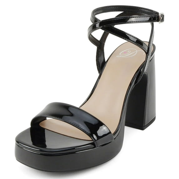 Delicious Shoes Women Block High Heel Buckle Ankle Strap Open Toe Platform MUFFIN-S Black Patent 9
