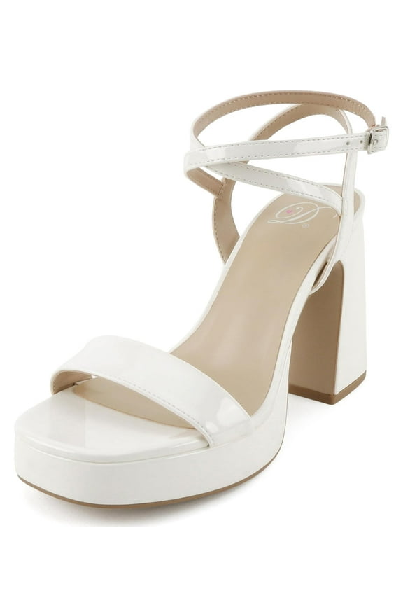 Delicious Shoes Women Block High Heel Buckle Ankle Strap Open Toe Platform MUFFIN-S Cream White Patent 8