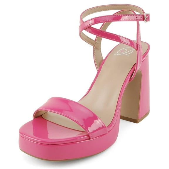 Delicious Shoes Women Block High Heel Buckle Ankle Strap Open Toe Platform MUFFIN-S Hot Pink Patent 5.5