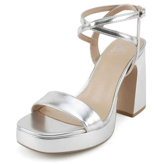 Delicious Shoes Women Block High Heel Buckle Ankle Strap Open Toe Platform MUFFIN-S Silver Metallic 7.5