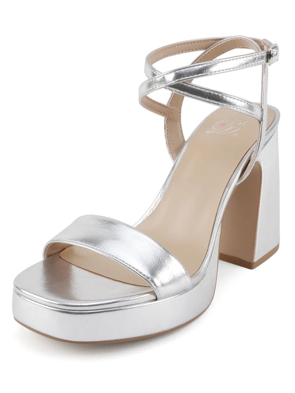 Delicious Shoes Women Block High Heel Buckle Ankle Strap Open Toe Platform MUFFIN-S Silver Metallic 8