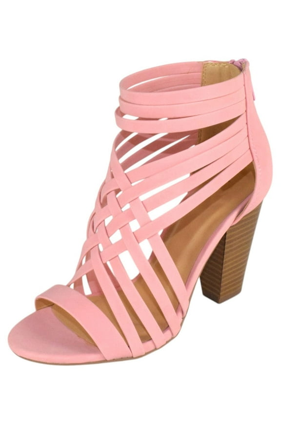 Delicious Shoes Women Block High Heel Cutout Sandals Open Peep Toe Back Zipper Braided Crisscross AVIVA-S Pink 5.5