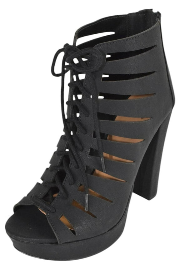 Delicious Shoes Women Block High Heel Cutout Sandals Open Peep Toe Back Zipper Lace Up Crisscross ZEUS-S Black 7.5