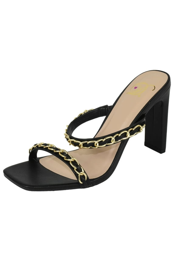 Delicious Shoes Women Block High Heel Sandals Gold Chain Band Square Toe FENN-S Black 7