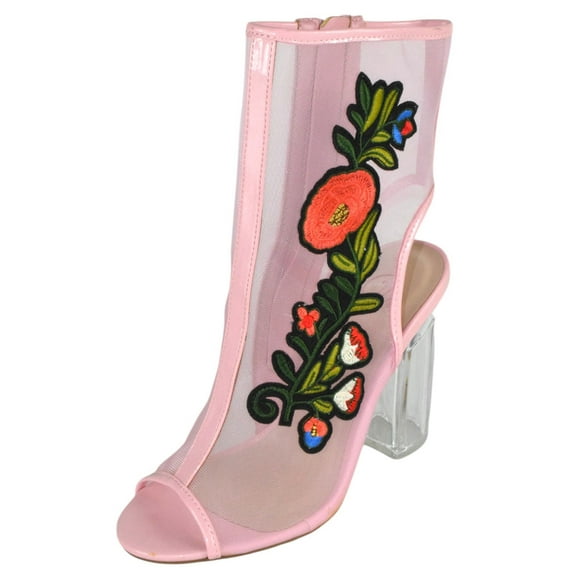 Delicious Shoes Women Open Toe Mesh Ankle Booties Embroidered Floral Block Clear High Heel Sandals Side Zipper YLANG Pink 6