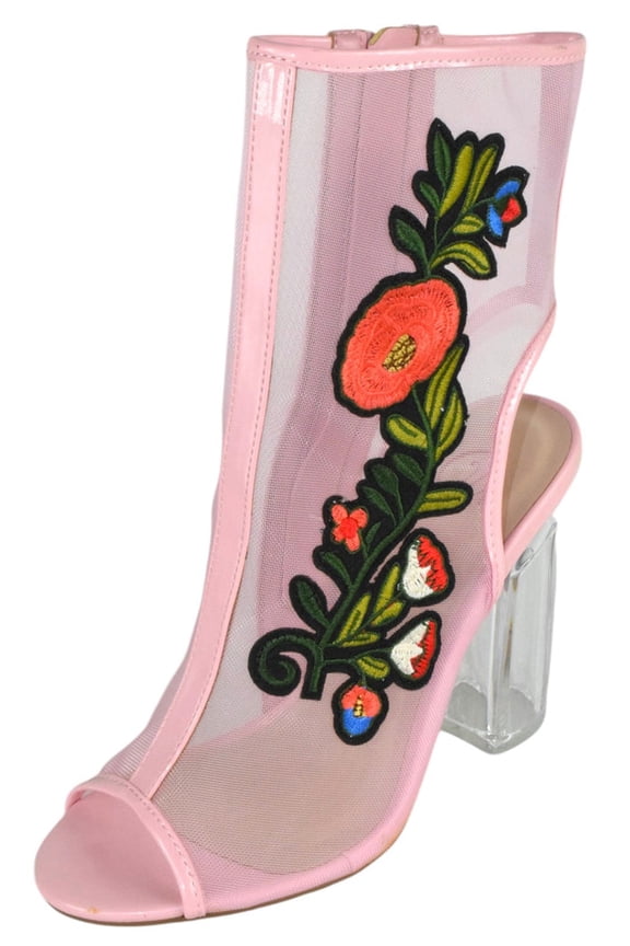 Delicious Shoes Women Open Toe Mesh Ankle Booties Embroidered Floral Block Clear High Heel Sandals Side Zipper YLANG Pink 8