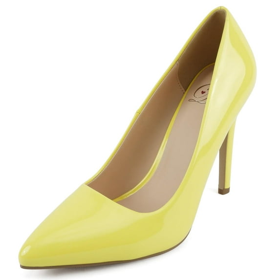 Delicious Shoes Women Stiletto High Heel Classic Pumps Pointed Toe SCHEME-S Yellow Print Patent 10