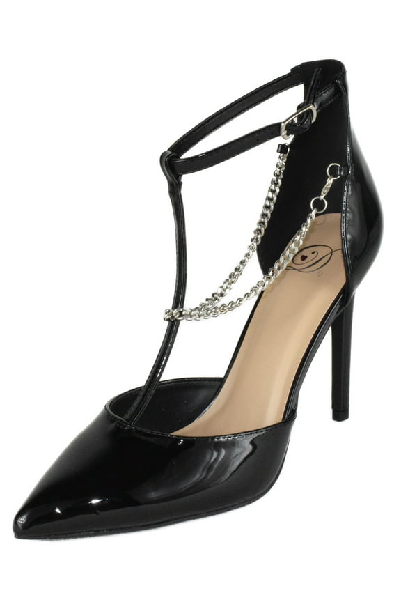 Delicious Shoes Women Stiletto High Heels Removable Anklet Silver Chain Ankle Strap Pointy Toe MESA-S Black Patent 7.5