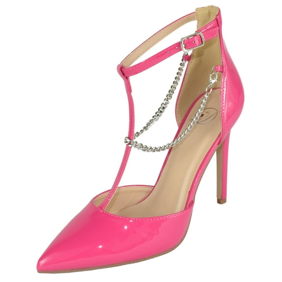 Delicious Shoes Women Stiletto High Heels Removable Anklet Silver Chain Ankle Strap Pointy Toe MESA-S Pink Patent 8.5