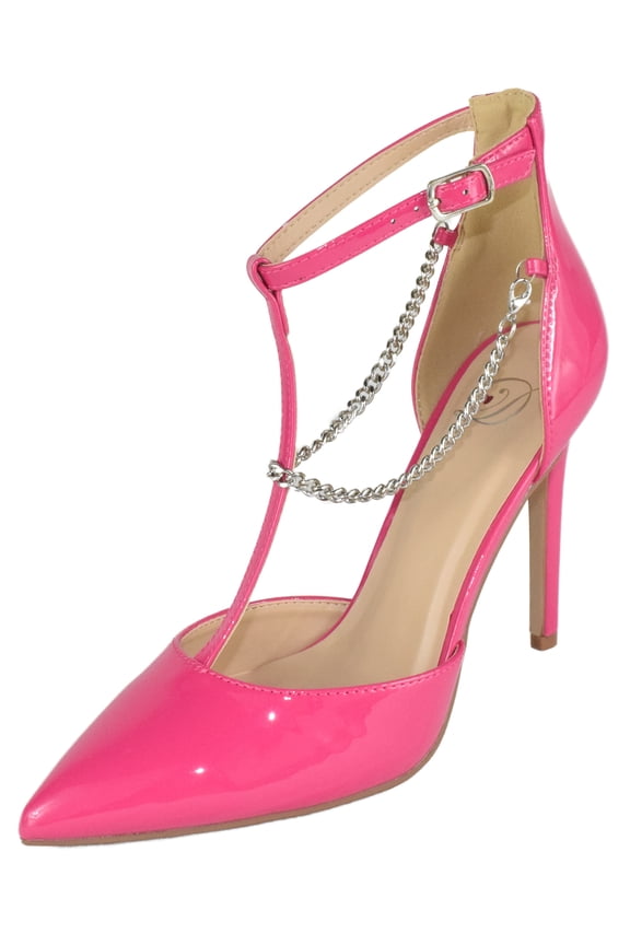 Delicious Shoes Women Stiletto High Heels Removable Anklet Silver Chain Ankle Strap Pointy Toe MESA-S Pink Patent 8.5