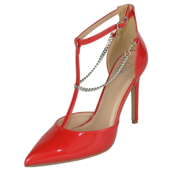 Delicious Shoes Women Stiletto High Heels Removable Anklet Silver Chain Ankle Strap Pointy Toe MESA-S Red Patent 6.5