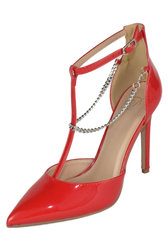 Delicious Shoes Women Stiletto High Heels Removable Anklet Silver Chain Ankle Strap Pointy Toe MESA-S Red Patent 9