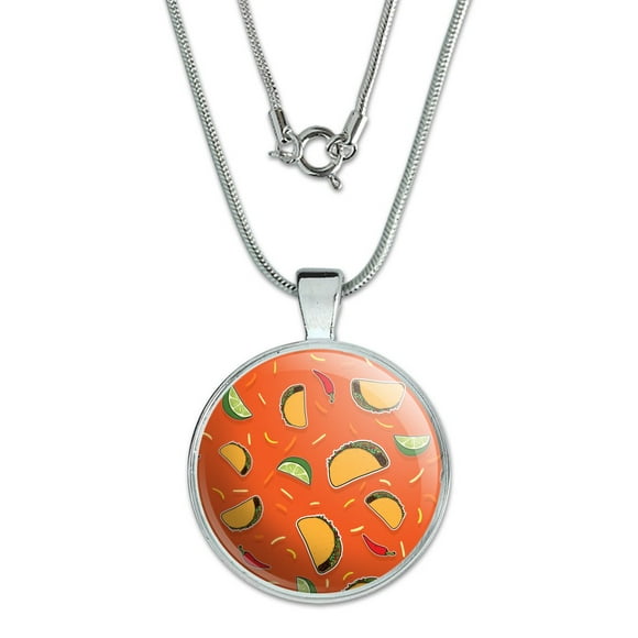 Delicious Taco Fiesta Pattern with Chili and Lime 1" Pendant with Sterling Silver Plated Chain