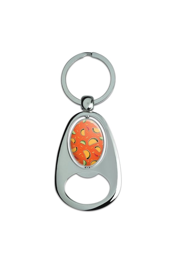 Delicious Taco Fiesta Pattern with Chili and Lime Keychain Chrome Metal Spinning Oval Bottle Opener