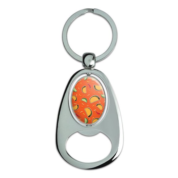 Delicious Taco Fiesta Pattern with Chili and Lime Keychain Chrome Metal Spinning Oval Bottle Opener