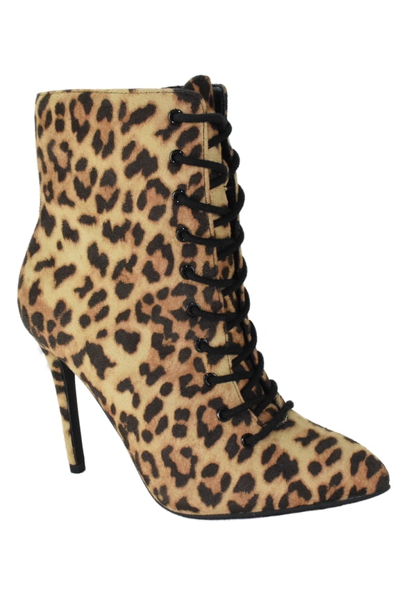 Delicious Women Ankle Boots Stiletto High Heels Lace Up Bootie Side Zipper Pointy Toe STAIN-S Cheetah Leopard Suede 7