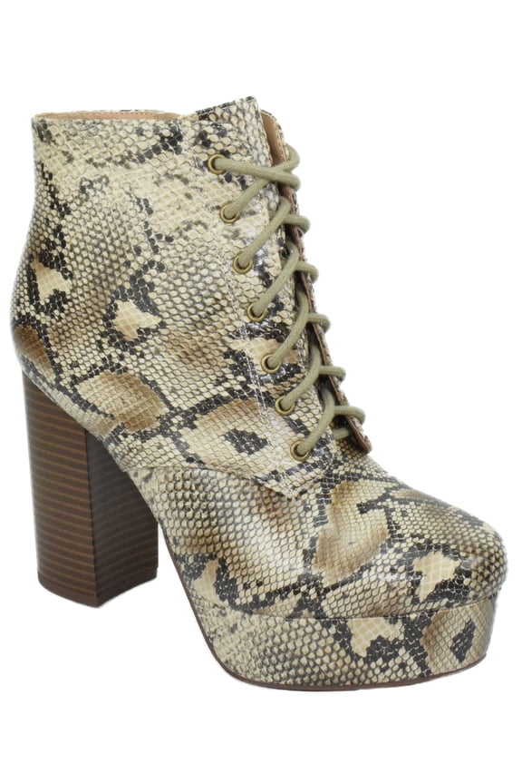 Delicious Women Chunky Thick High Heels Ankle Boots Hidden Platform Lace Up Side Zipper Booties Faux Leather Erica-S Natural Beige Python 7.5