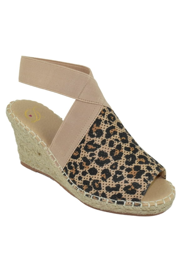 Delicious Women High Heels Wedges Elastic Anke Strap open Peep Toe Small Platform Espadrilles Trim BROOM-S Cheetah Leopard Print 7
