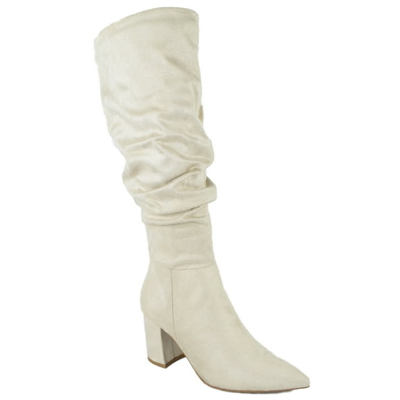 Delicious Women Knee High Slouchy Boots Side Zipper Chunky Thick Heels Pointed Toe GRAVITY-H Beige Ice Suede 7