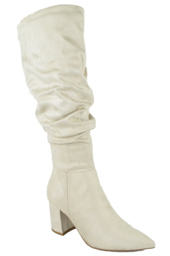 Delicious Women Knee High Slouchy Boots Side Zipper Chunky Thick Heels Pointed Toe GRAVITY-H Beige Ice Suede 8