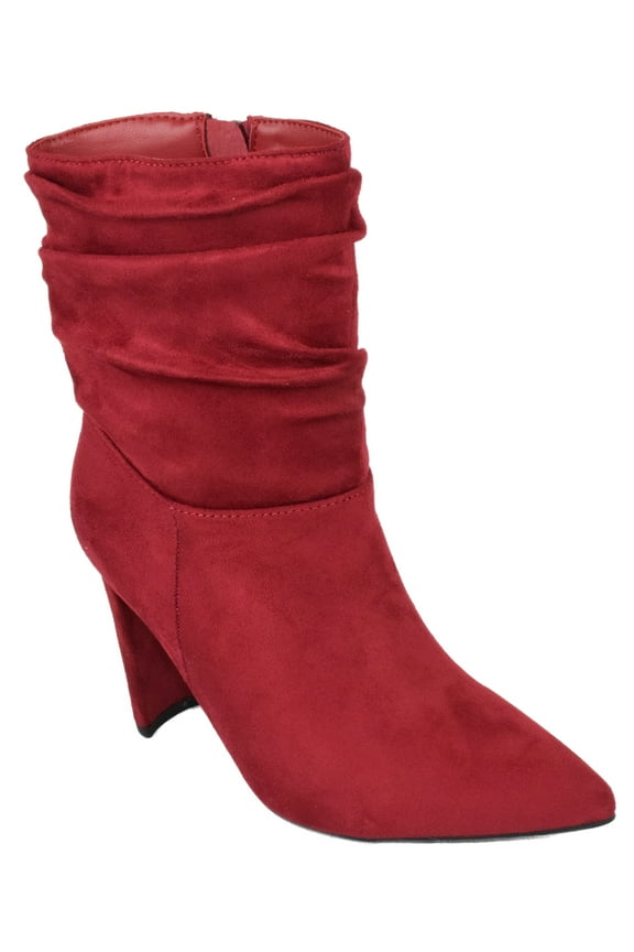 Delicious Women Mid-Calf Short Slouch Boots High Heels Side Zipper Booties Pointed Toe Public-S Cherry Red Suede 8