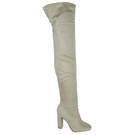 Delicious Women Over Knee Thigh High Boots Side Zipper Chunky Thick Heels Pointed-Toe KENNICE-H Beige Wheat Ice 6