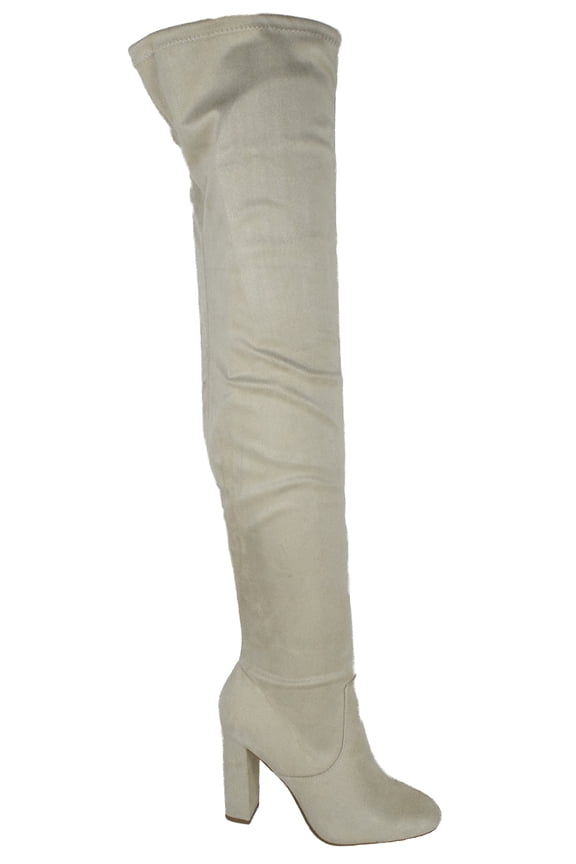 Delicious Women Over Knee Thigh High Boots Side Zipper Chunky Thick Heels Pointed-Toe KENNICE-H Beige Wheat Ice 6