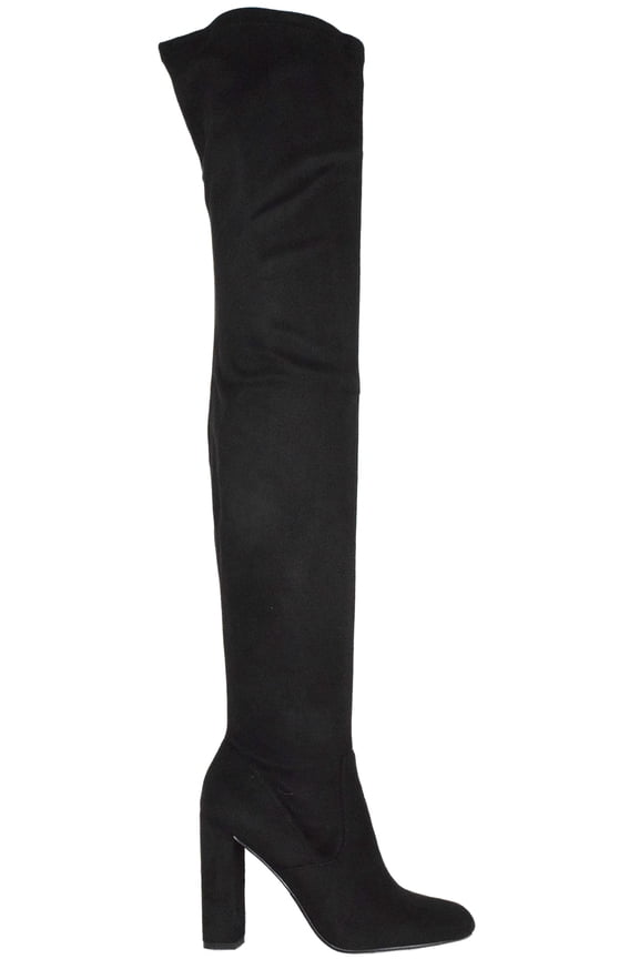 Delicious Women Over Knee Thigh High Boots Side Zipper Chunky Thick Heels Pointed-Toe KENNICE-H Black Suede 8