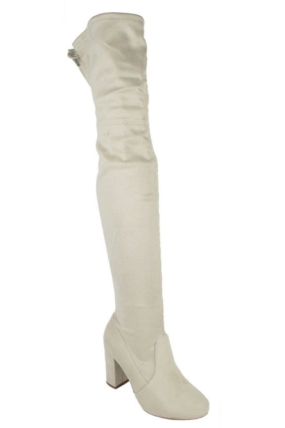Delicious Women Over Knee Thigh High Boots Slip-On Chunky Thick Heels Back Lace-Up SNIVY-AH Beige Ice Suede 8