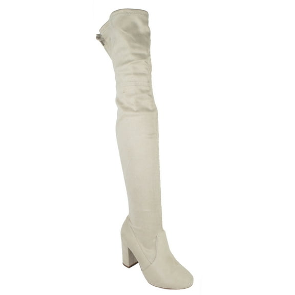 Delicious Women Over Knee Thigh High Boots Slip-On Chunky Thick Heels Back Lace-Up SNIVY-AH Beige Ice Suede 9