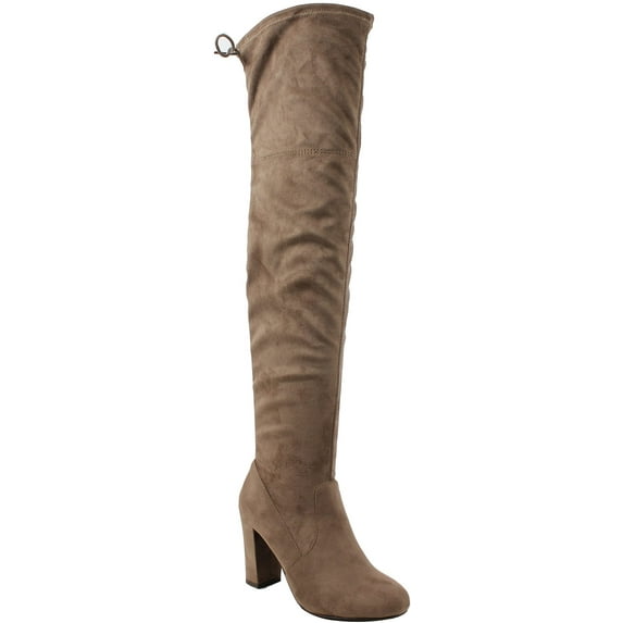 Delicious Women Over Knee Thigh High Boots Slip-On Chunky Thick Heels Back Lace-Up SNIVY-AH Brown Taupe Suede 10
