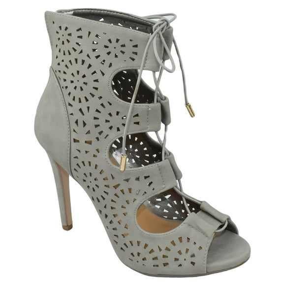 Delicious Women Stiletto Thin Skinny High Heels Back Zipper Peep Toe Caged Cut Out Gladiator Style Lace Up Yuta-S Stone Gray 6