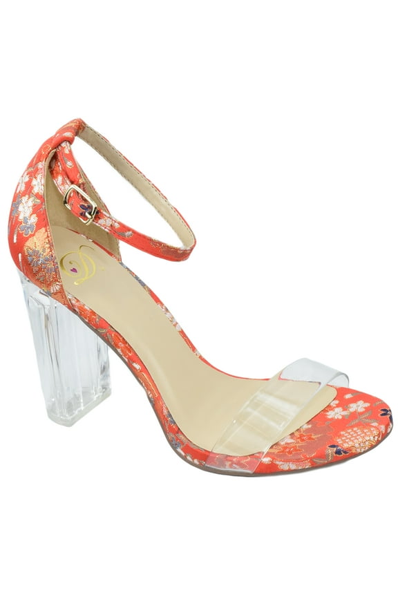 Delicious Women Thick Block Chunky Clear Perspex High Heels Ankle Strap Open Peep Toe with Transparent Clear Strap Embroidery Stitch Print SHANA-S Red 8.5