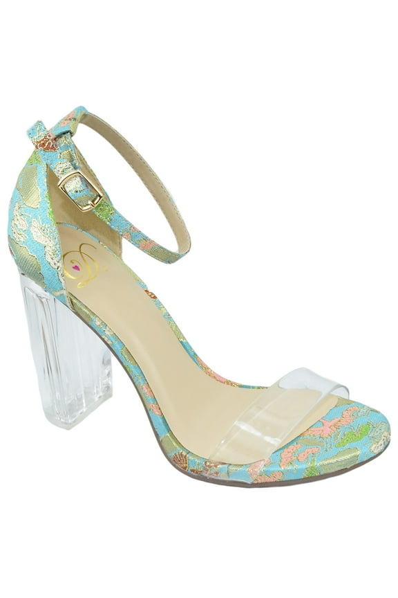 Delicious Women Thick Block Chunky Clear Perspex High Heels Ankle Strap Open Peep Toe with Transparent Clear Strap Embroidery Stitch Print SHANA-S Turquoise Light Blue 7