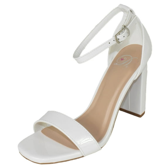 Delicious Women Thick Block Chunky High Heels Ankle Strap Open Peep Toe Reseda-S Cream White Patent 5.5