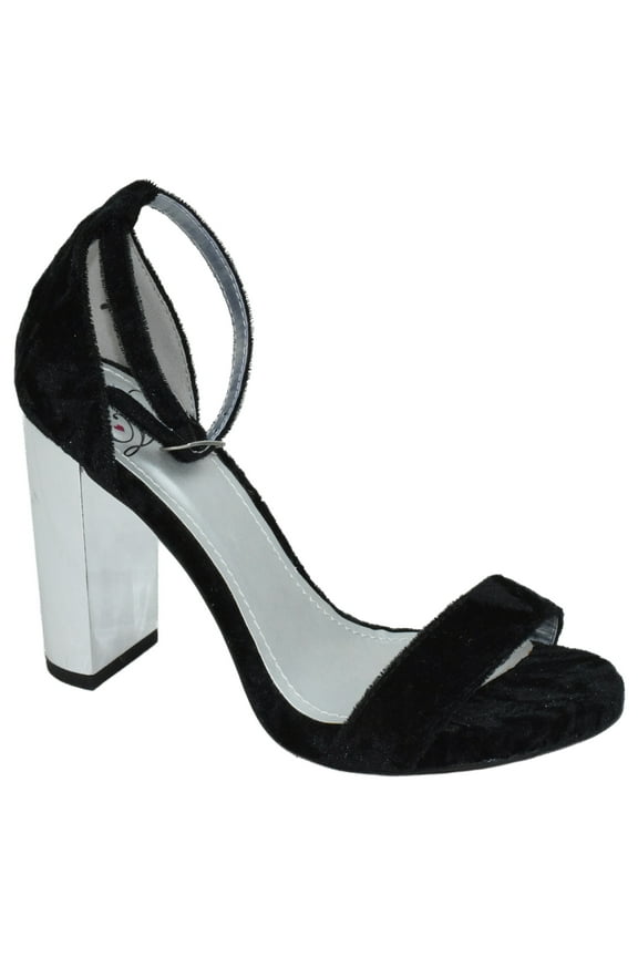Delicious Women Thick Block Chunky High Heels Ankle Strap Open Peep Toe SHINY-S Velvet Black / Silver Heel 6.5