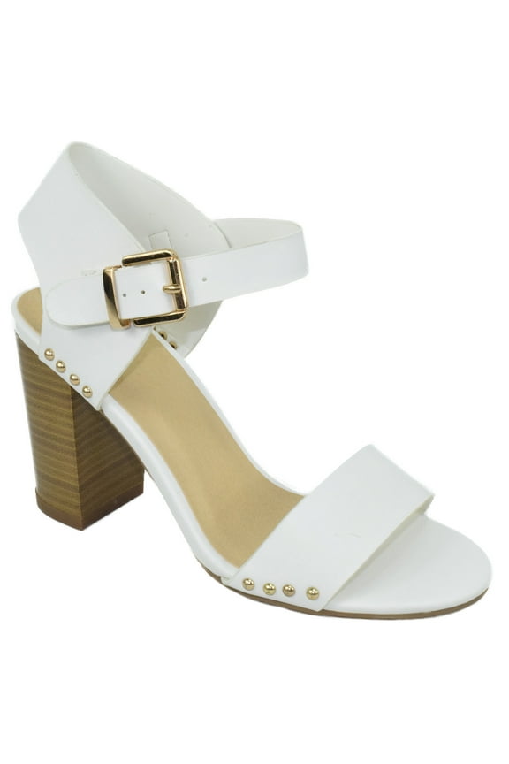 Delicious Women Thick Block Chunky High Heels Ankle Strap Open Peep Toe Studded Buckled Urkel-S White 6.5