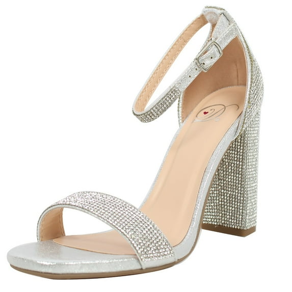 Delicious Women's Rhinestone Open Toe Ankle Strap Block Heel Dress Heels, Silver, 7 M US