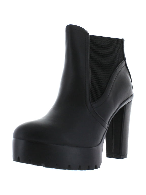 Delicious Women's Semper Faux Leather Closed Toe Elastic Side Panel Lug Platform High Heels Ankle Bootie