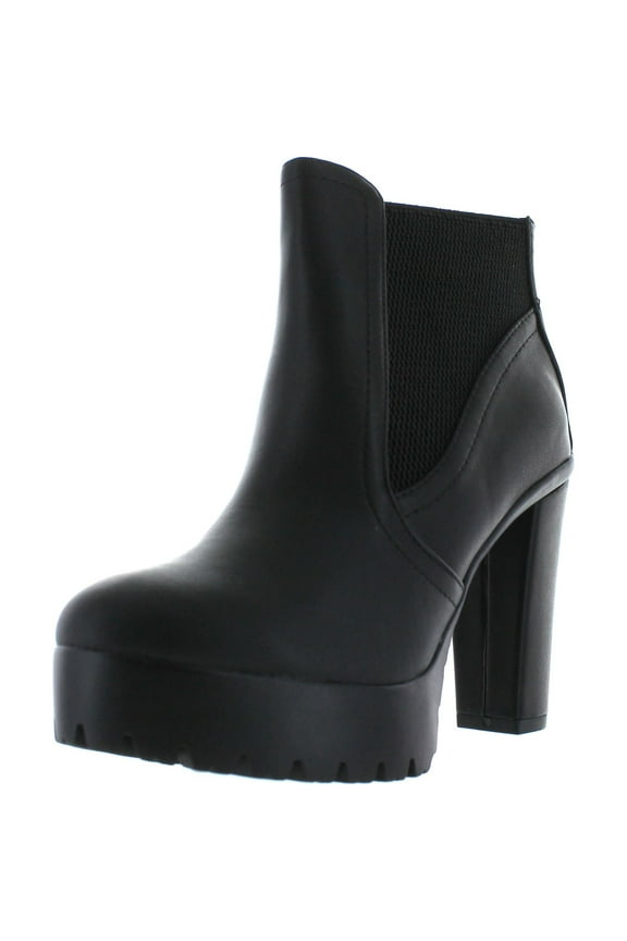 Delicious Women's Semper Faux Leather Closed Toe Elastic Side Panel Lug Platform High Heels Ankle Bootie