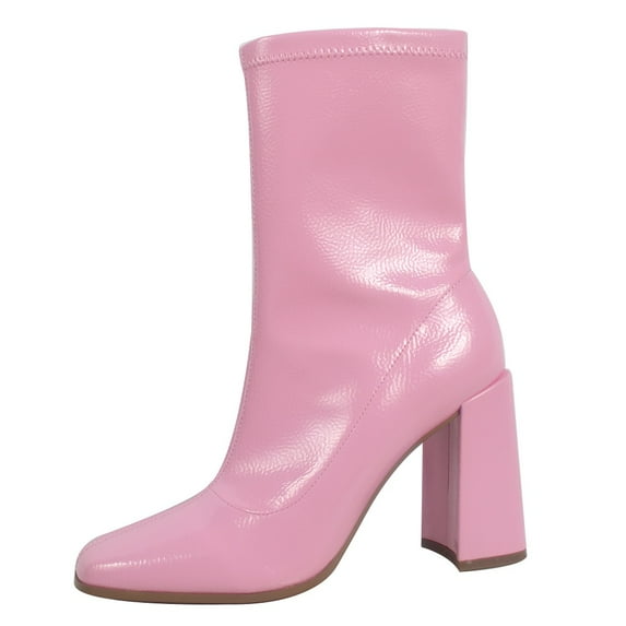 Delicious Women's Square Toe Mid Calf Block Heel Ankle Bootie, Pink , 8.5 M US