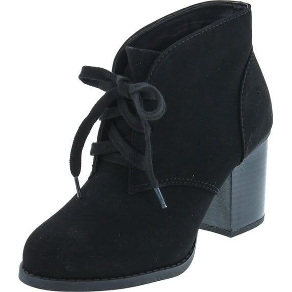 Delicious by Soda Women's Ripley Sueded Lace Up Chunky Stacked Heel Ankle Bootie