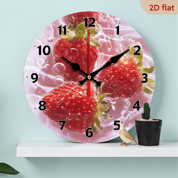 Delicious strawberries Backdrop Clock - 10-Inch Wood Veneer Europe and America Style Round Silent Flat Wall Clock - Batteries Not Included - Add Joyful Time to Your Study Or Living Room,