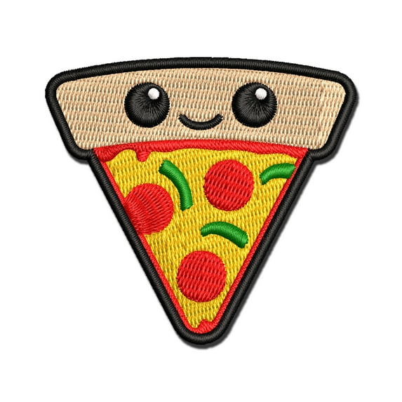 Deliciously Kawaii Chibi Pizza Slice Applique Multi-Color Embroidered Hook & Loop Patch - 3 Inch Medium