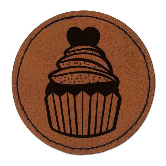 Deliciously Sweet Chocolate Cupcake with Heart 2.5" Faux Leather Round Engraved Iron-On Patch - Brown